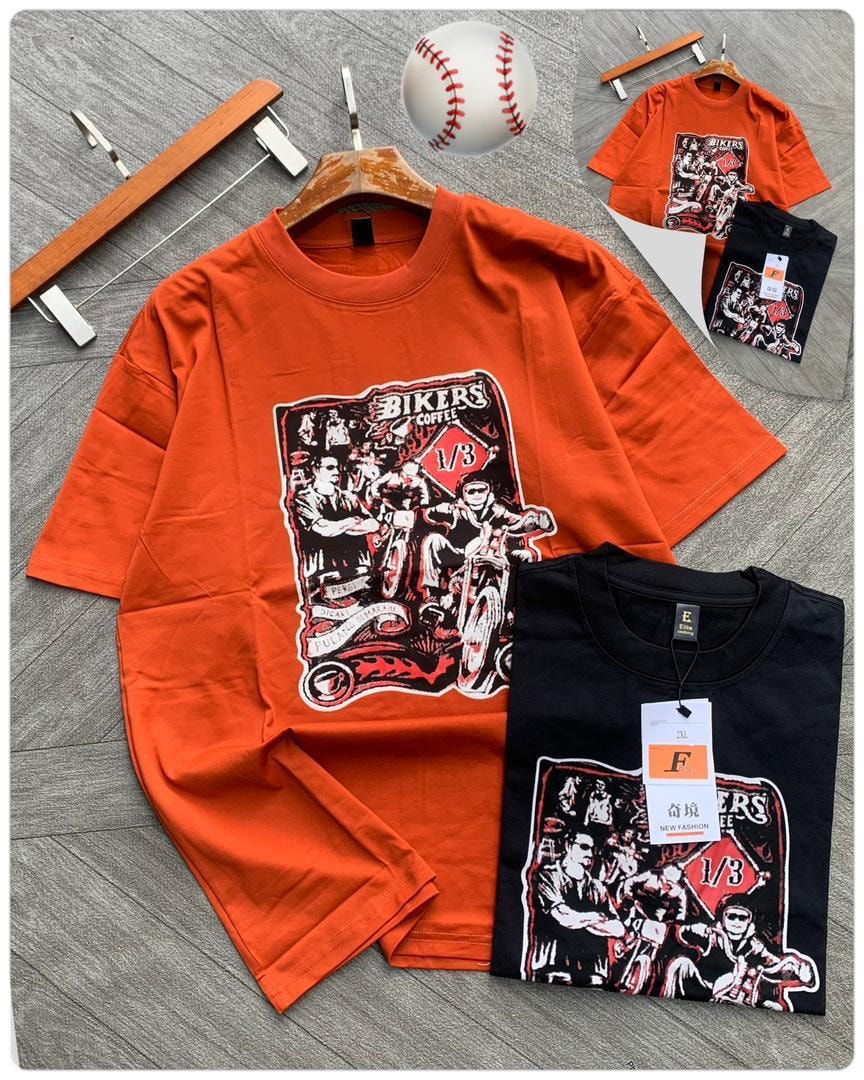 Orange and black tees with Bikers Coffee graphic.