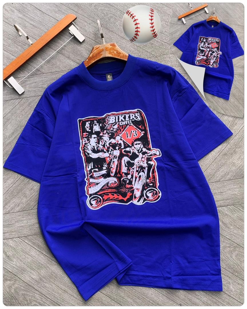 Blue tee with Bikers Coffee biker illustration.