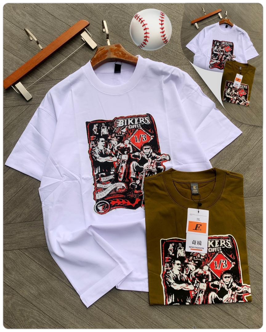 White and olive tees with Bikers Coffee graphic print.