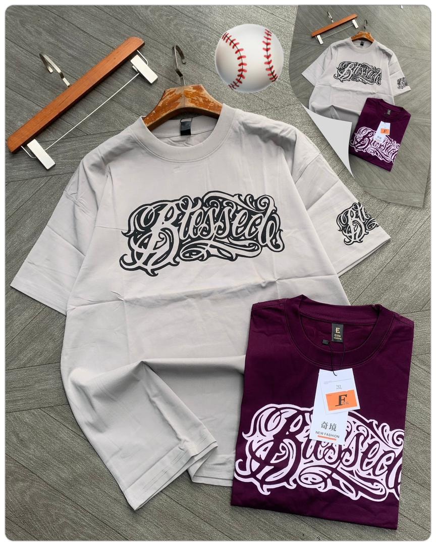 Gray and burgundy tees with Blessed calligraphy graphic.