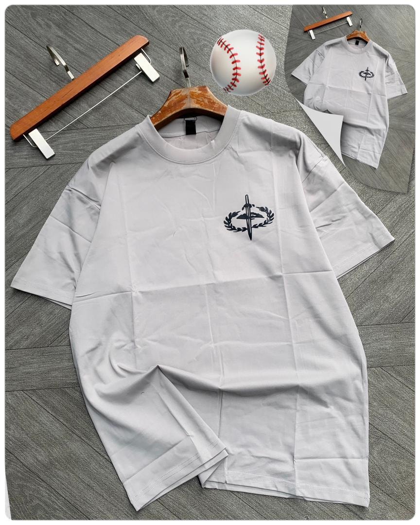 Gray tee with sword and laurel wreath chest graphic.