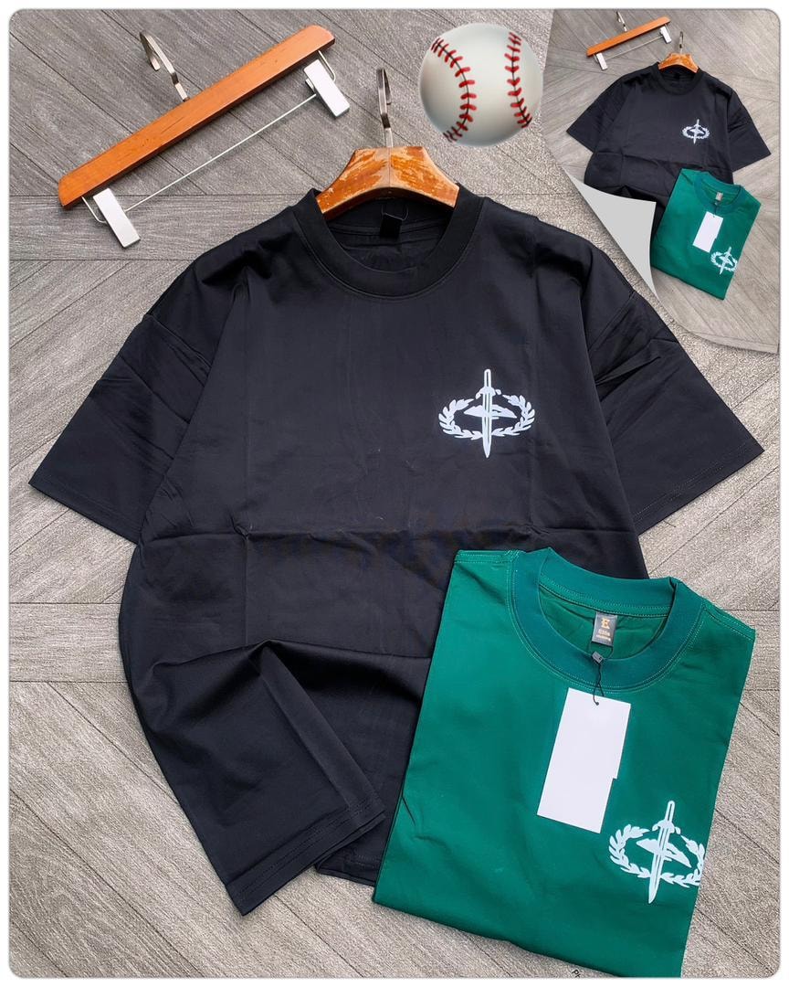 Black and green tees with sword and laurel wreath chest graphic.