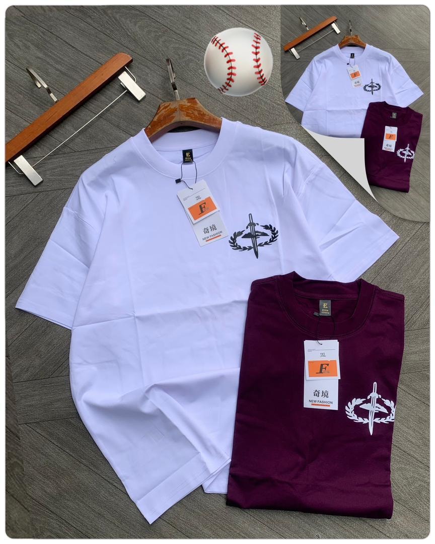 White and burgundy tees with sword and laurel wreath chest graphic.