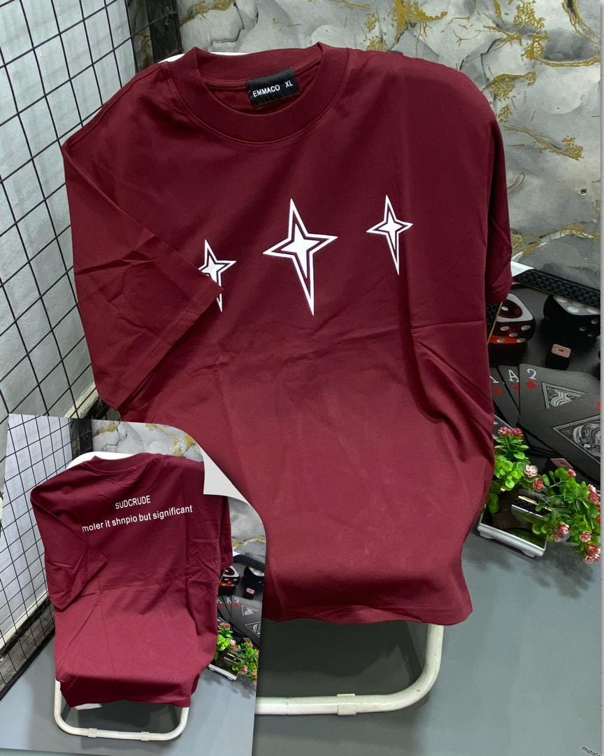 Maroon t-shirt with three white star graphics on chest and back text detail.