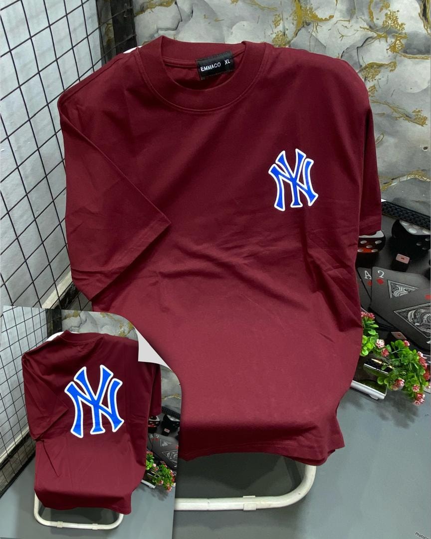 Maroon t-shirt with blue NY logo on chest and back view inset.