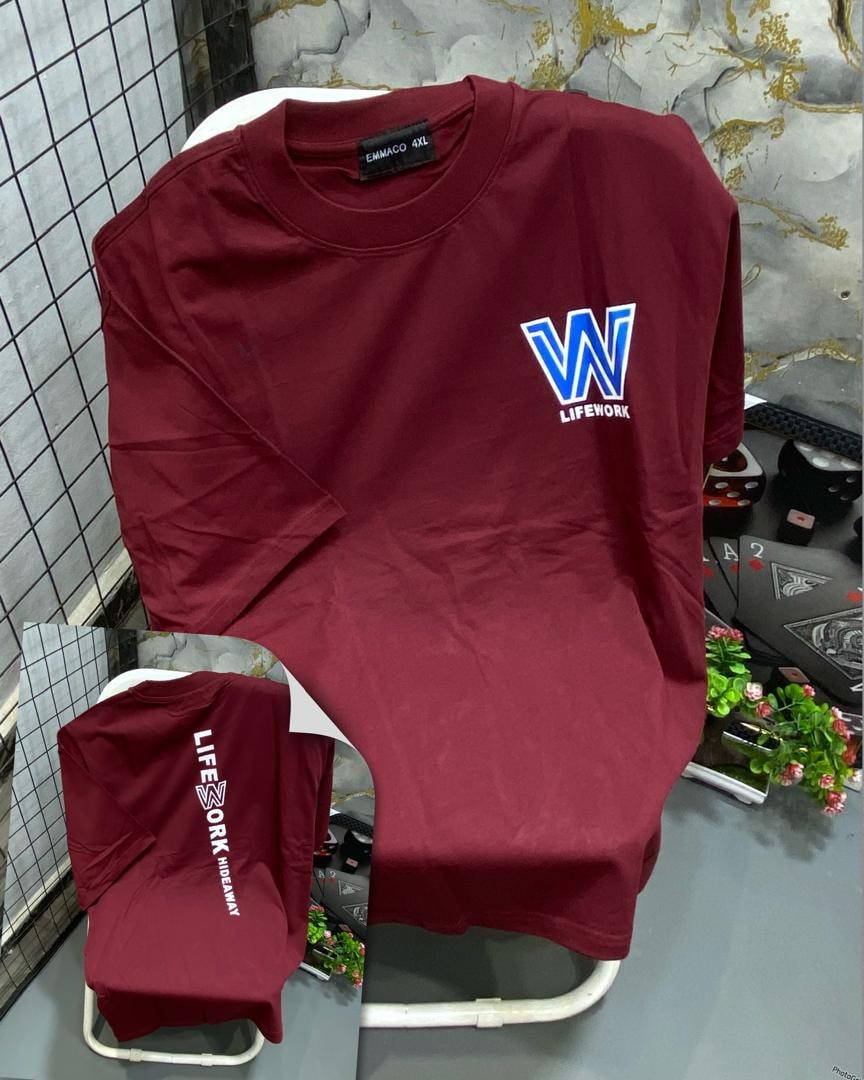 Maroon Lifework t-shirt showing blue W logo on chest and sleeve text detail.