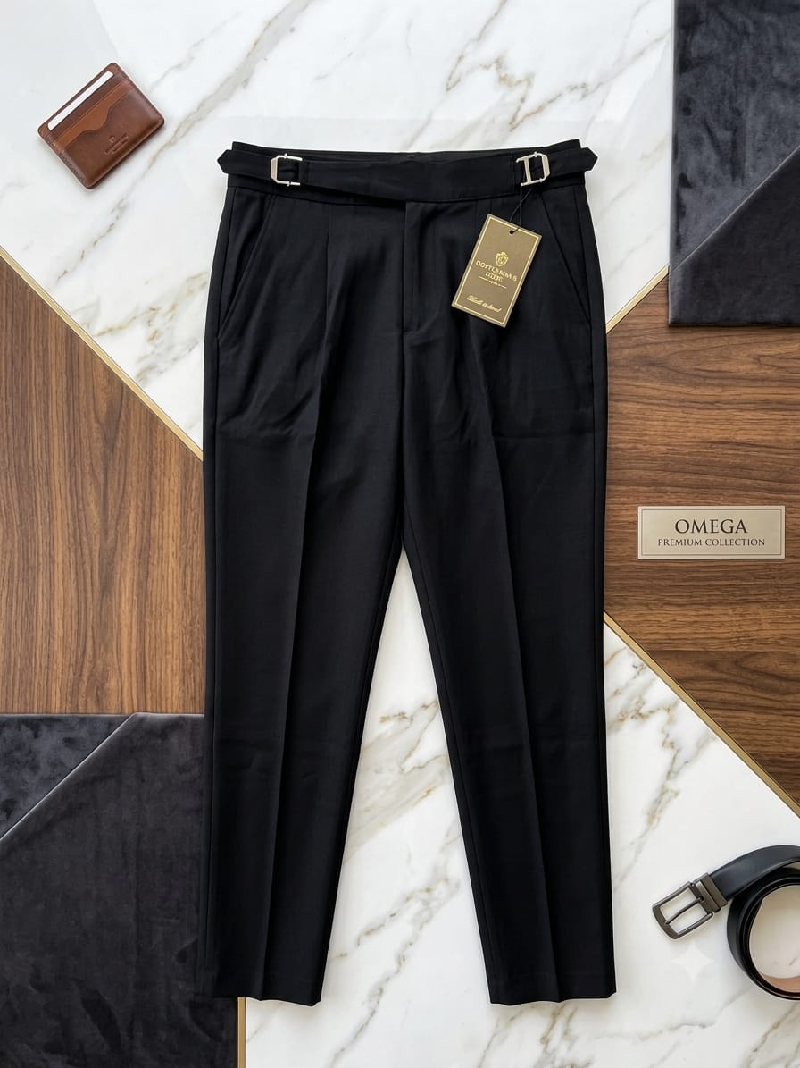 Black pleated trousers with double buckle belt on marble and wood background with Omega branding.