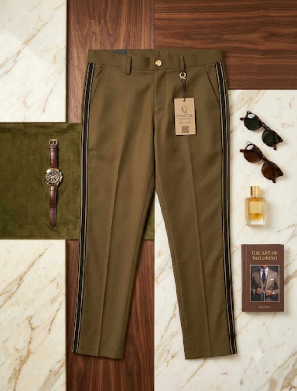 Olive green trousers with side stripes displayed on marble and wood surface with Omega tag and accessories.