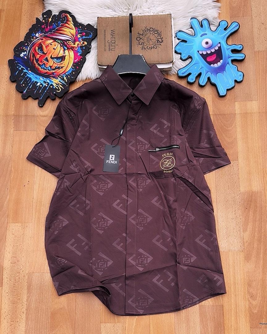 Burgundy Fendi monogram short sleeve button-down shirt laid flat.