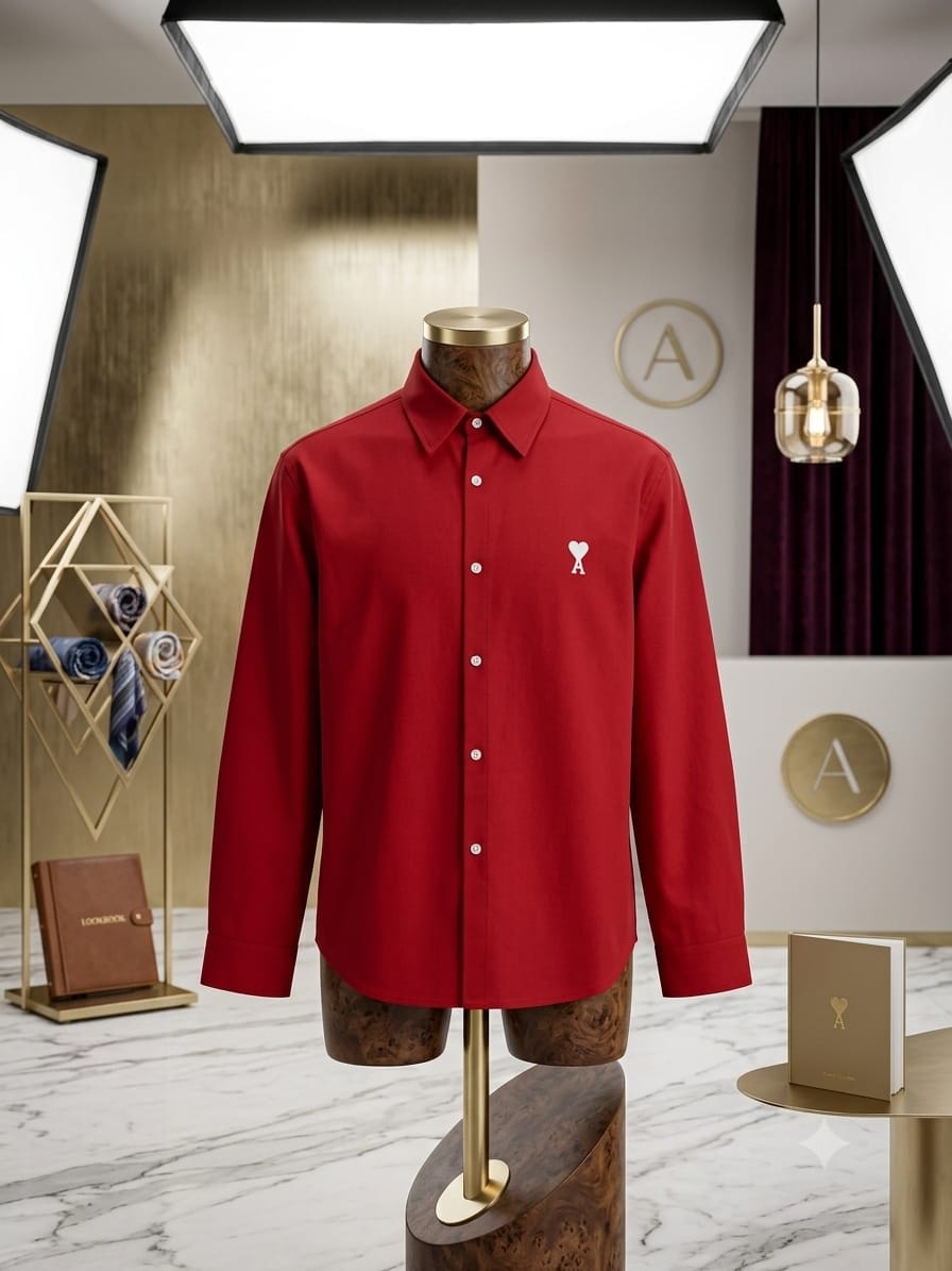 Red long sleeve button-down shirt on wooden mannequin in studio.