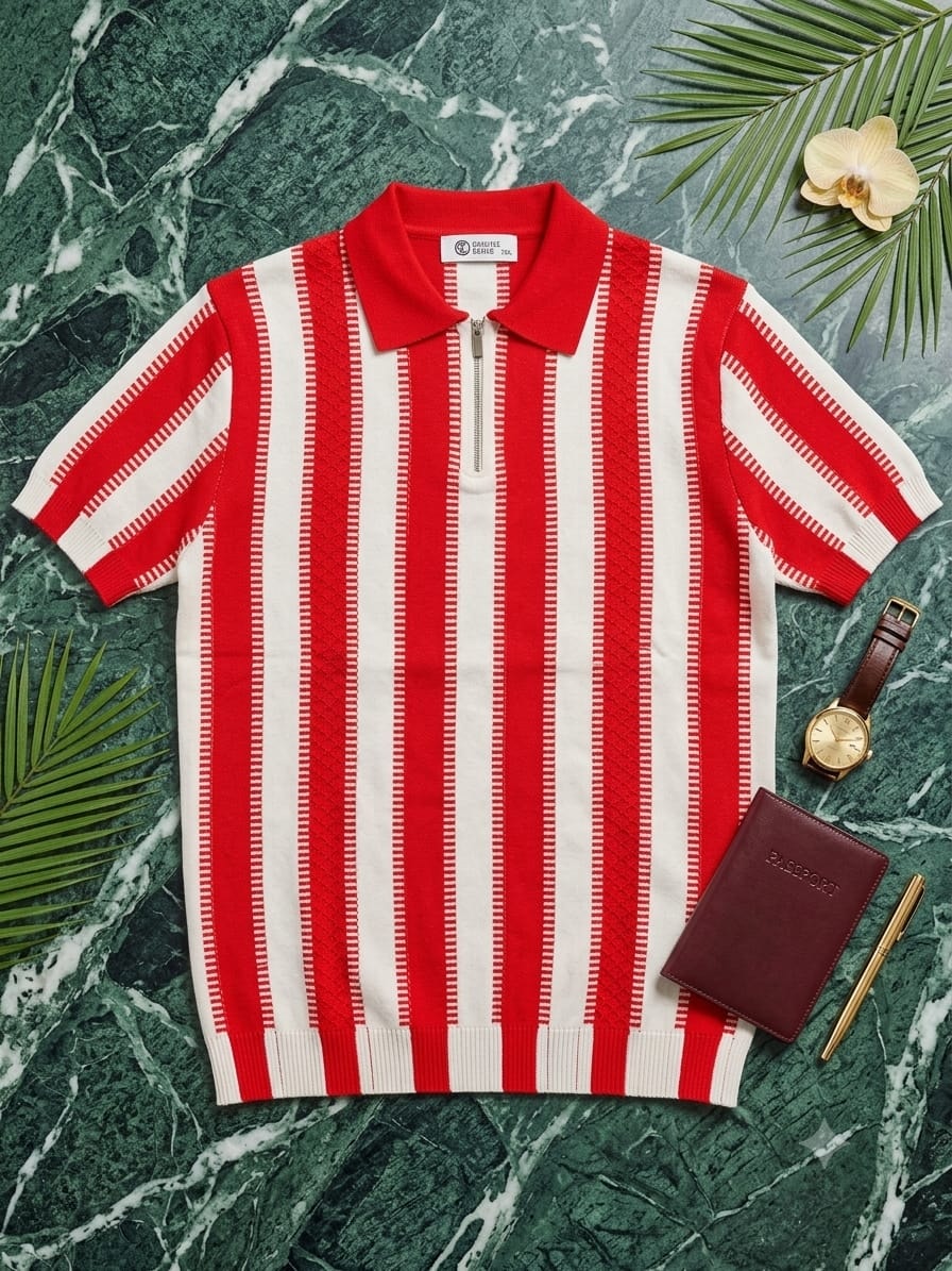 Red and white vertically striped knit polo shirt laid flat on green marble with accessories.