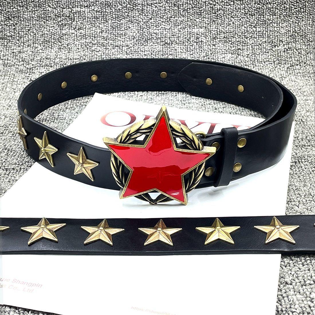 Black leather belt with prominent red star and gold stars buckle and studs.
