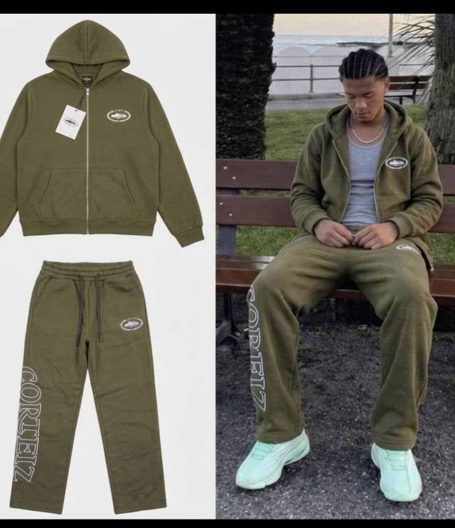 Olive green Corteiz 2-piece hoodie and jogger set in flat lay and worn by model.