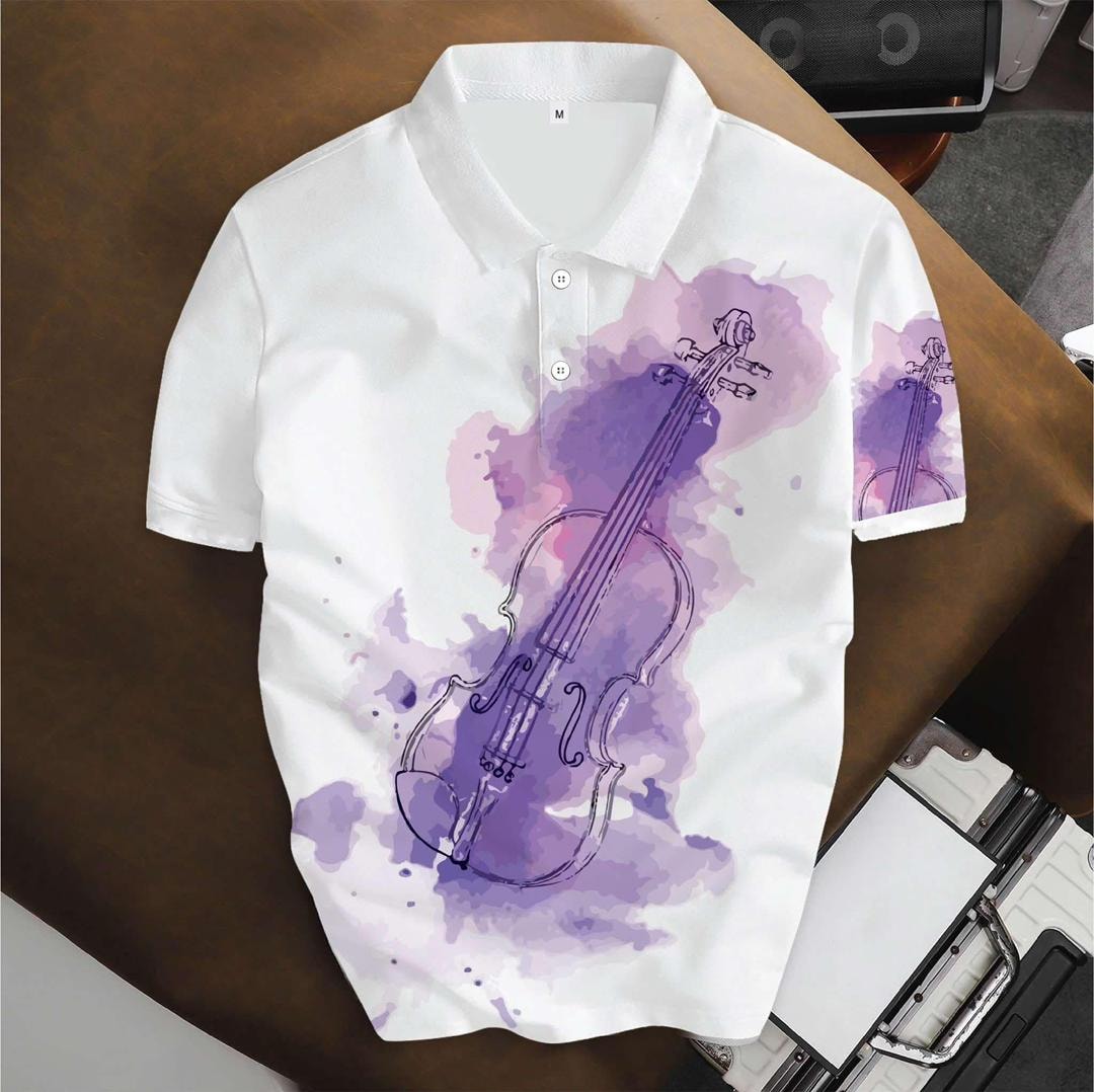 White unisex polo shirt with purple violin watercolor print, flat lay view.