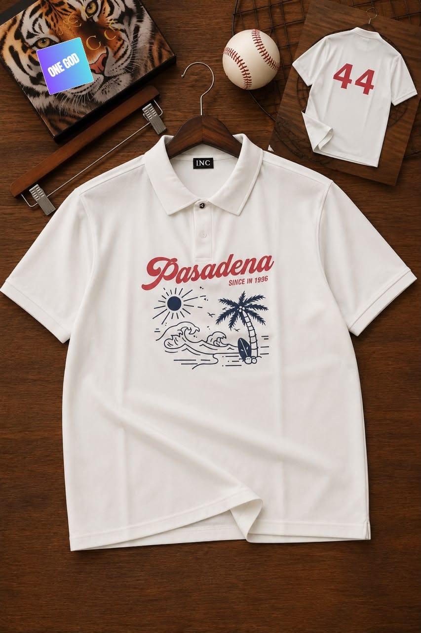 White polo shirt with Pasadena beach graphic on chest.