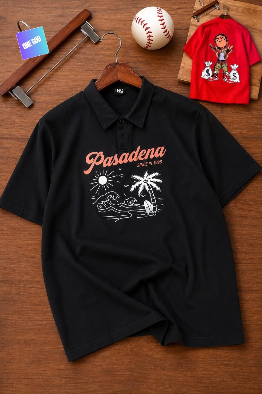 Black polo shirt with Pasadena beach graphic on chest.