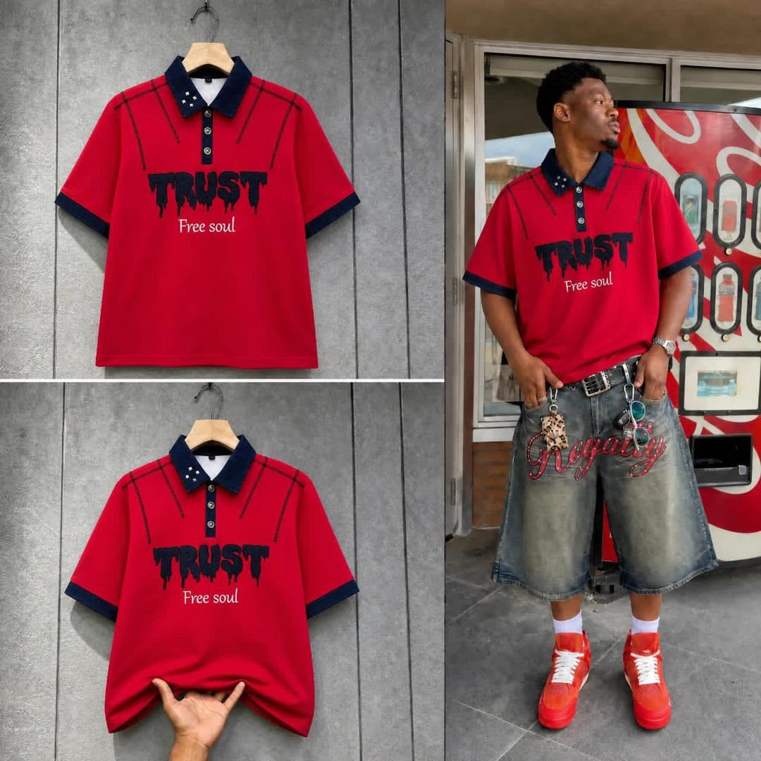 Red polo shirt with Trust Free Soul print shown flat and on model.