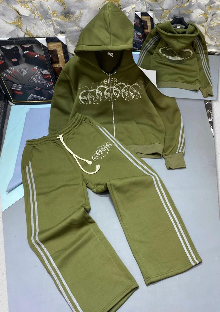 Olive green zip-up hoodie and jogger set with white chain embroidery.