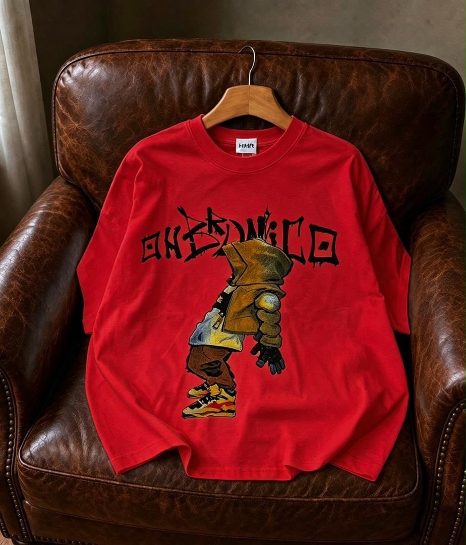 Red t-shirt with black OHKEDNICO graphic and character illustration on leather chair.