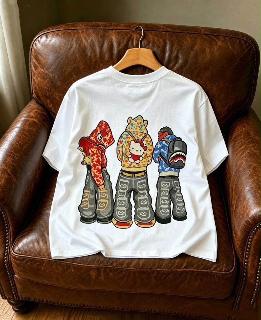 White t-shirt with three cartoon characters graphic on the back on leather chair.