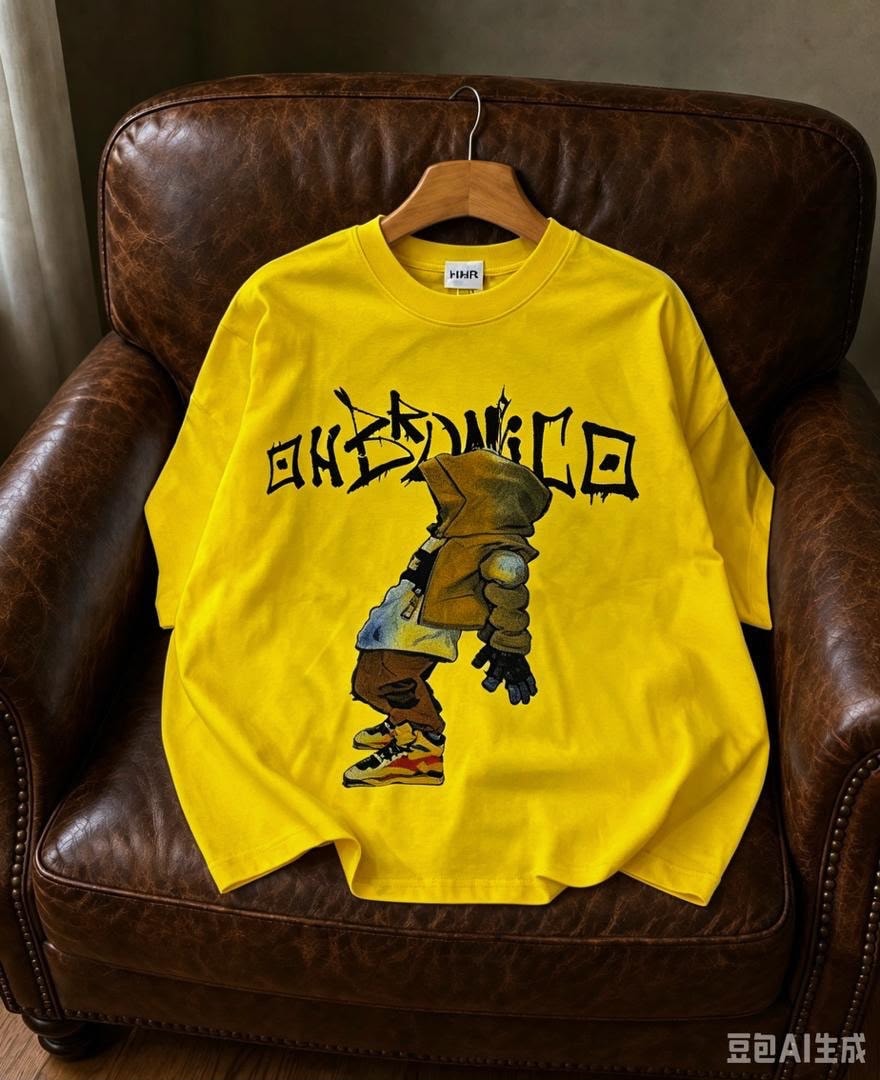Yellow t-shirt with OHKEDNICO graphic and character illustration on leather chair.