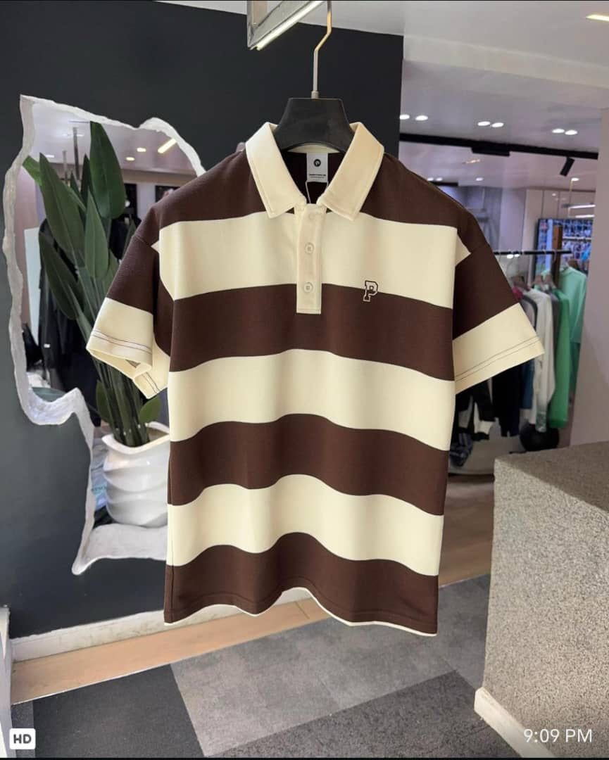 Brown striped polo shirt with cream accents and embroidered P logo.