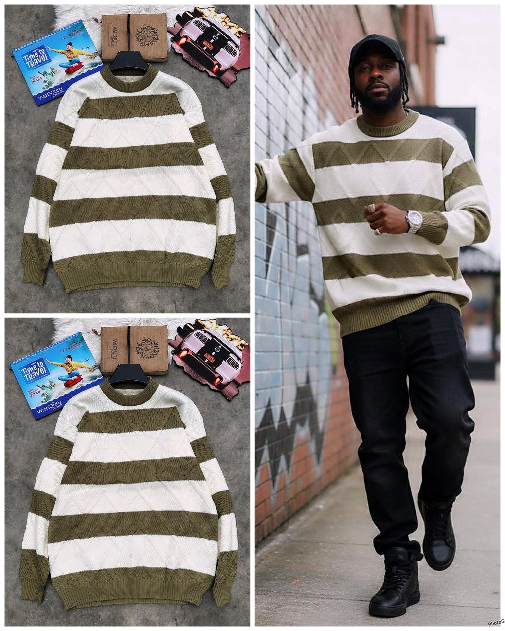 Olive and white diamond knit striped sweater shown in flat lay and on model.
