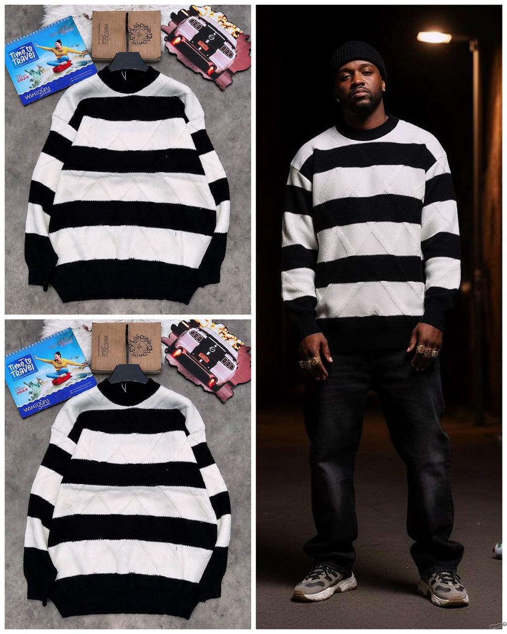 Black and white diamond knit striped sweater on model with beanie and jeans.