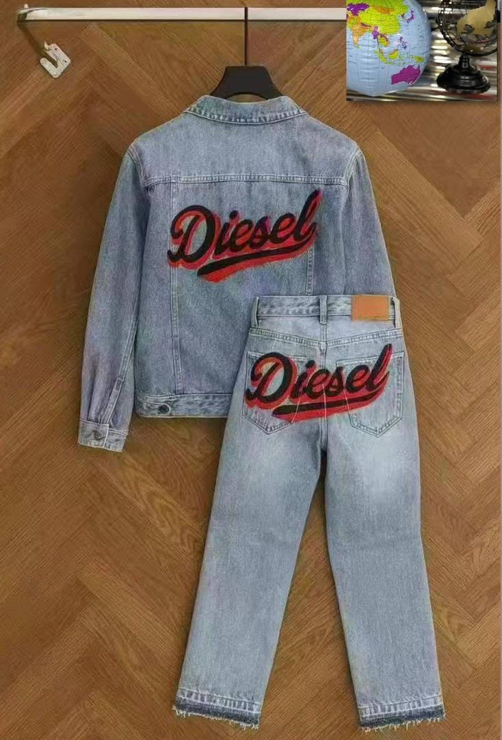 Diesel light blue denim jacket and jeans laid flat showing large script logos on back of both pieces.