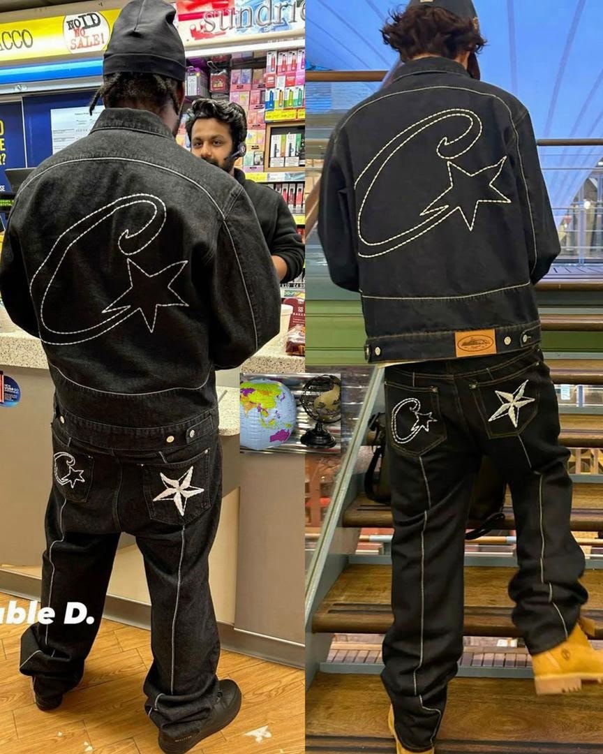 Person wearing black denim jacket and pants with white C and star embroidery, shown from back in two settings.