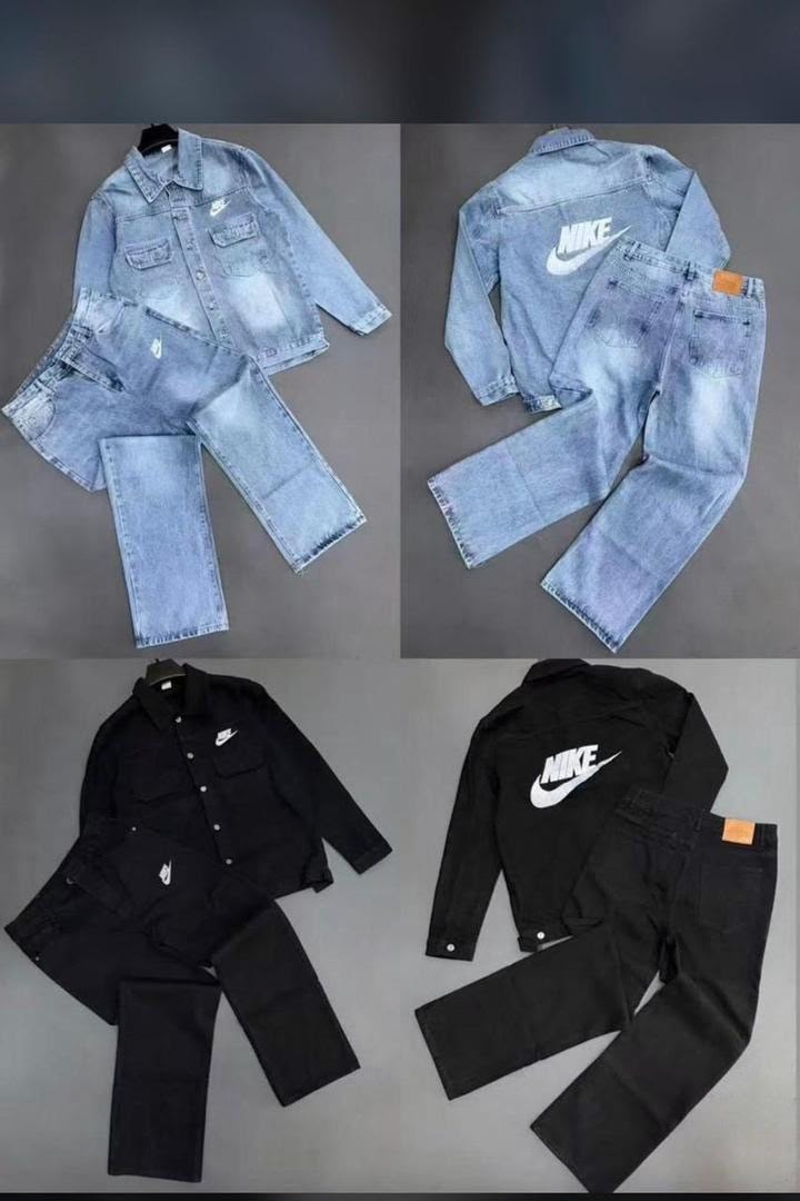 Nike light blue and black denim jacket and jeans sets displayed in flat lay with front and back views.