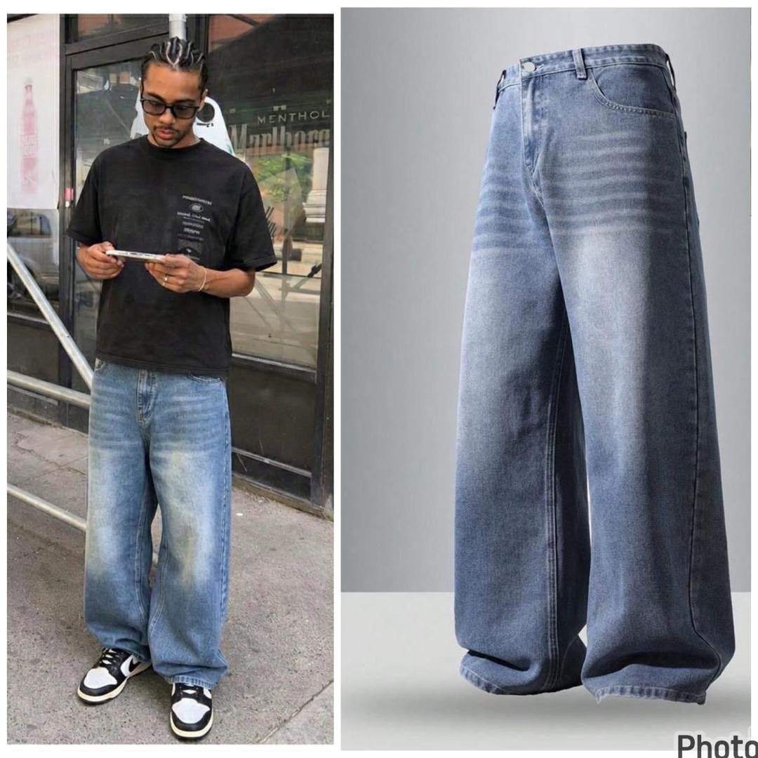 Man in black t-shirt and glasses wearing blue baggy jeans next to studio shot of the back view of similar faded blue jeans.