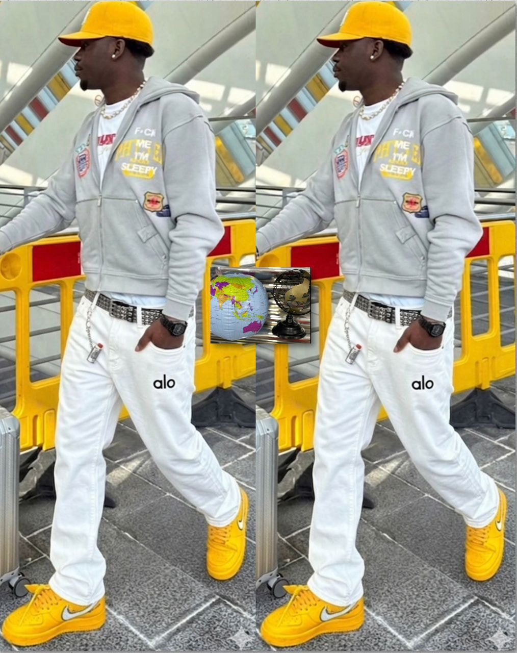 Model wearing white baggy jeans with alo logo on the leg, paired with gray hoodie, yellow cap and sneakers.