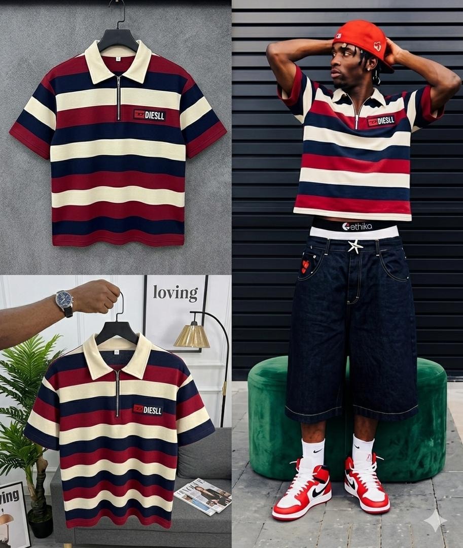 Red navy striped zip polo shirt with Diesel logo and lifestyle model shots.