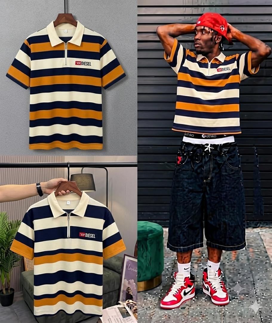 Navy orange striped zip polo shirt with Diesel logo and lifestyle model shots.