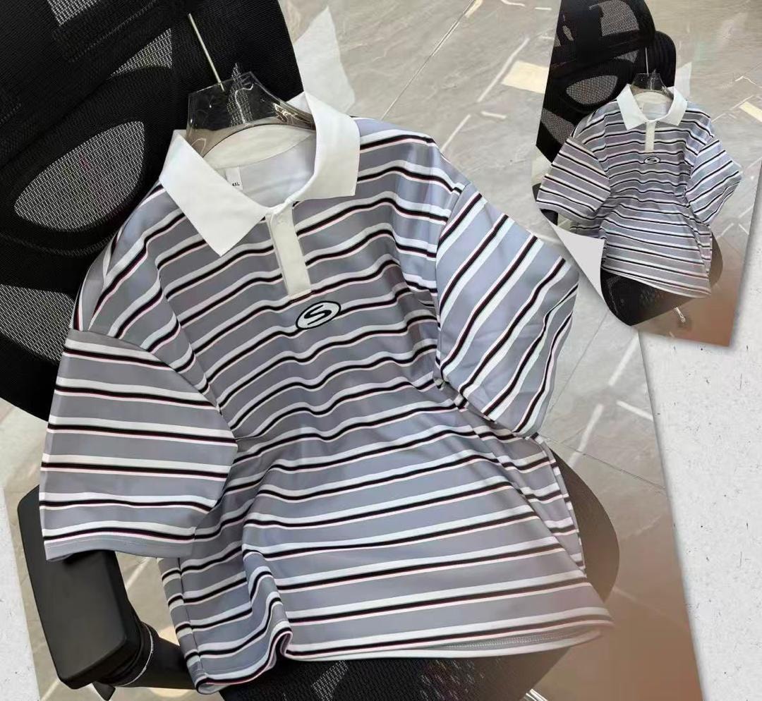 Gray wavy striped polo shirt with white collar and S logo on black chair.