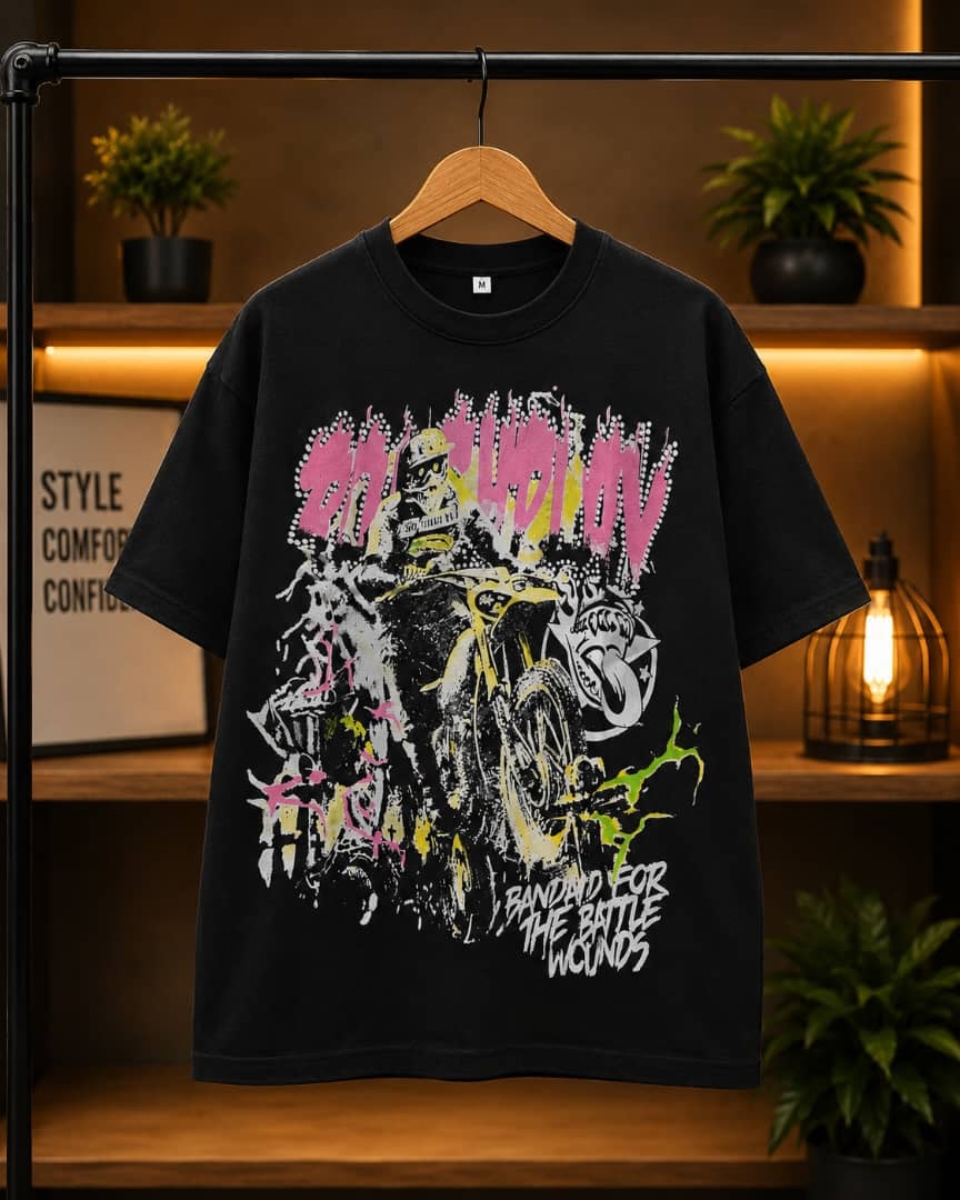 Black oversized t-shirt with on the move biker motorcycle graphic print.
