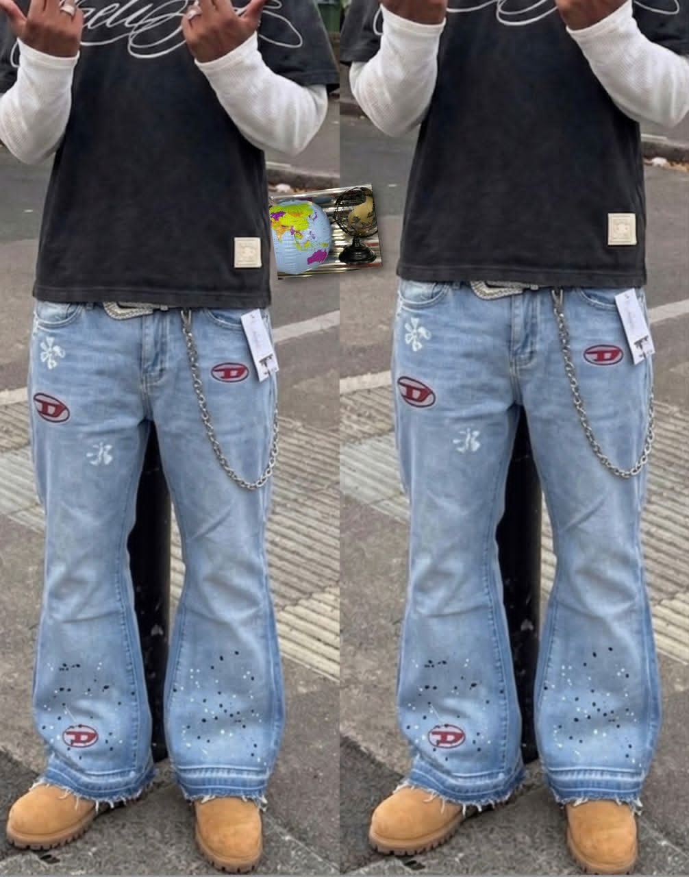 Light blue flared jeans with D logos, chain and splatters worn on street with black top.