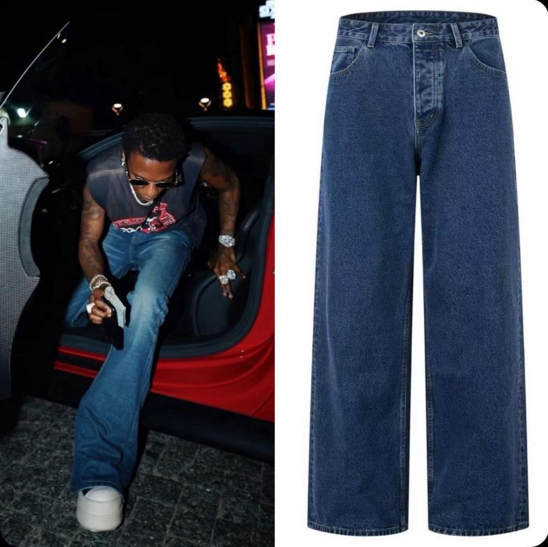 Collage showing person in dark blue jeans stepping from red car at night and flat lay of dark blue wide leg jeans on white background.