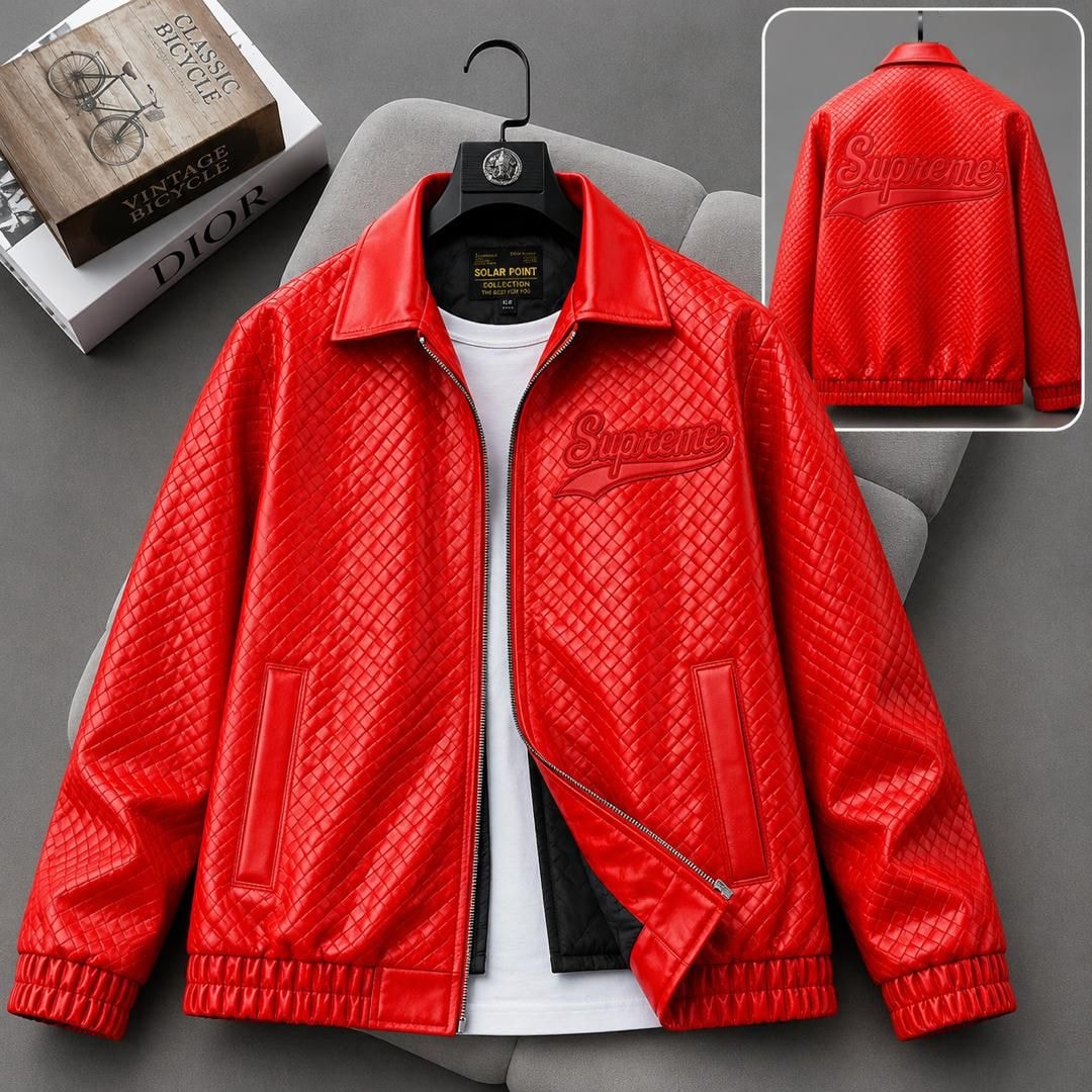 Red Supreme quilted bomber jacket on hanger with back view inset.