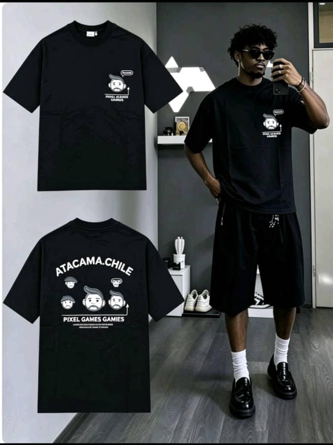 Black t-shirt with pixel games character print on chest and detailed back graphic with text.