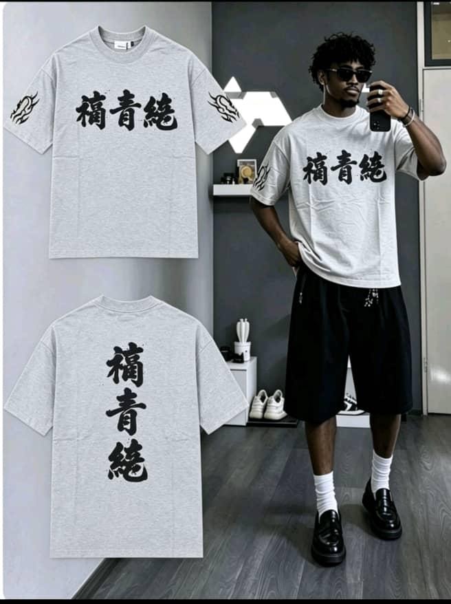 Gray t-shirt with Chinese characters on front, back and flame sleeve prints, flat lay and modeled.