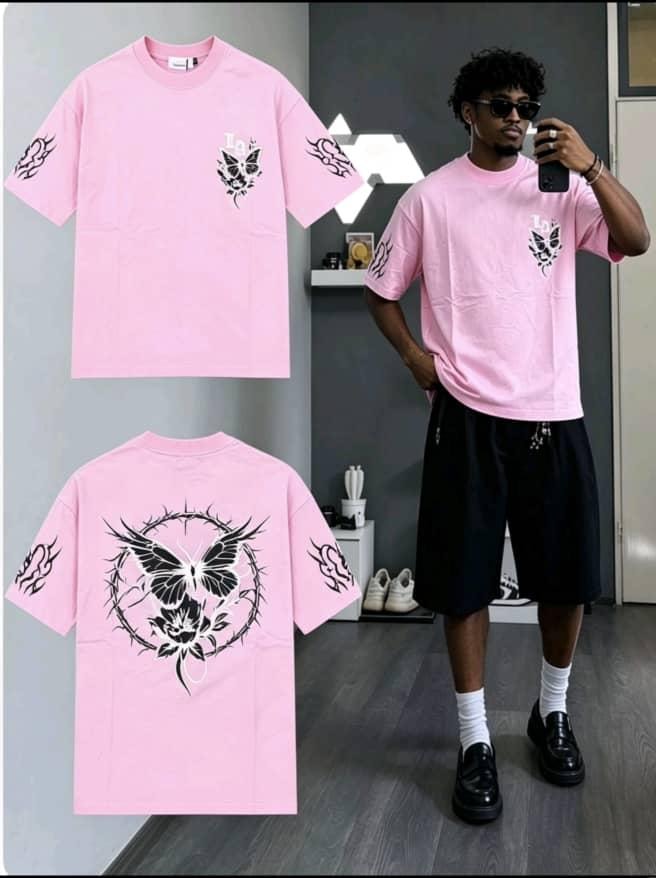 Pink butterfly in thorns graphic t-shirt on model and flat lay views.