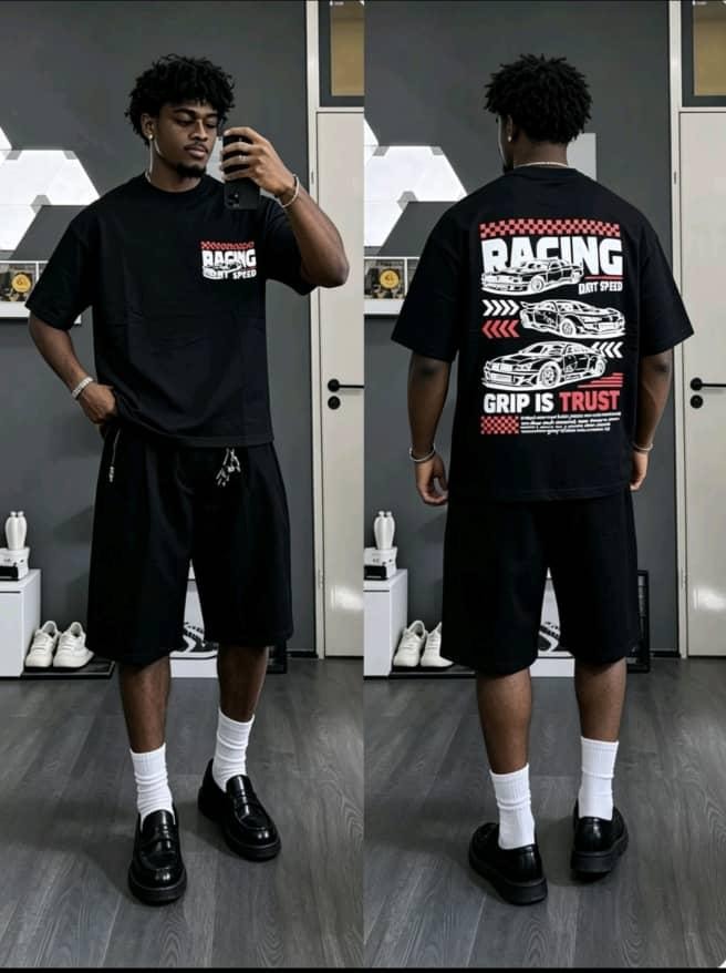 Black racing graphic t-shirt worn by model front and back.