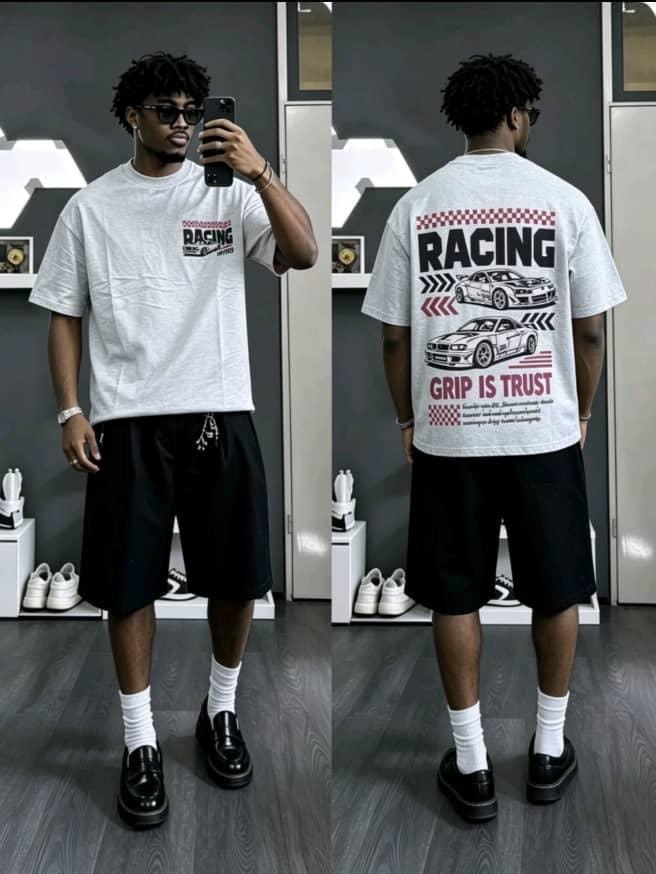 Gray racing graphic t-shirt on model front and back views.