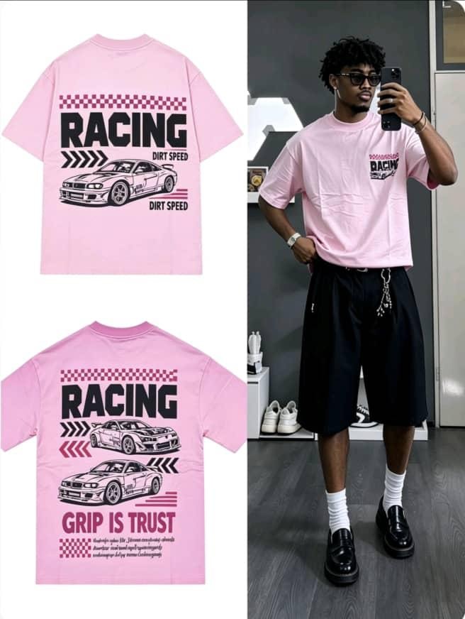 Pink racing graphic t-shirt shown in flat lay and on model.