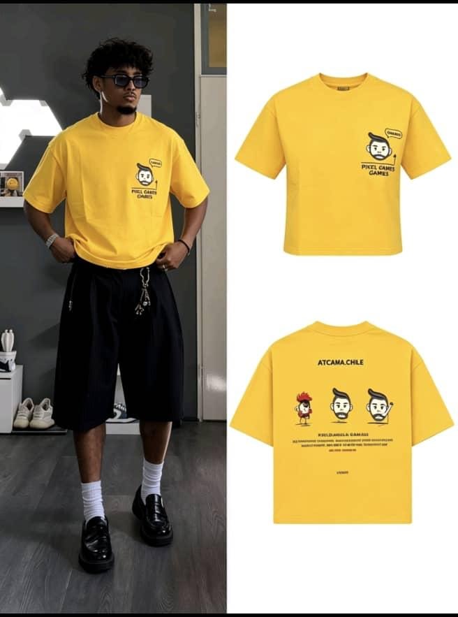Model wearing yellow pixel games cartoon t-shirt with front and back flat lays.