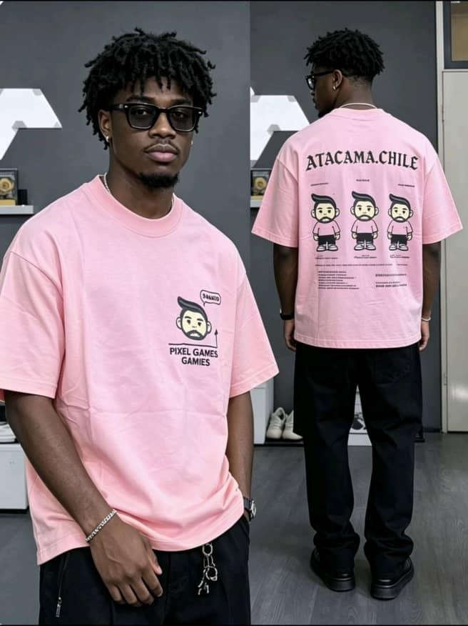Model wearing pink Atacama Chile pixel games t-shirt with front and back cartoon prints.