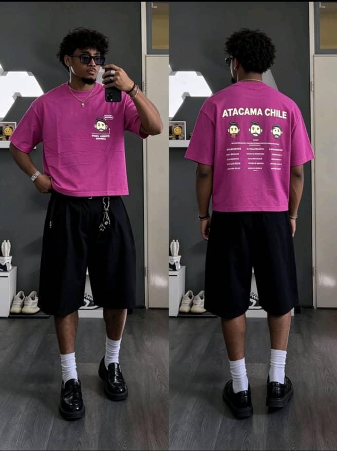 Model wearing pink Atacama Chile pixel games t-shirt with front and back views.