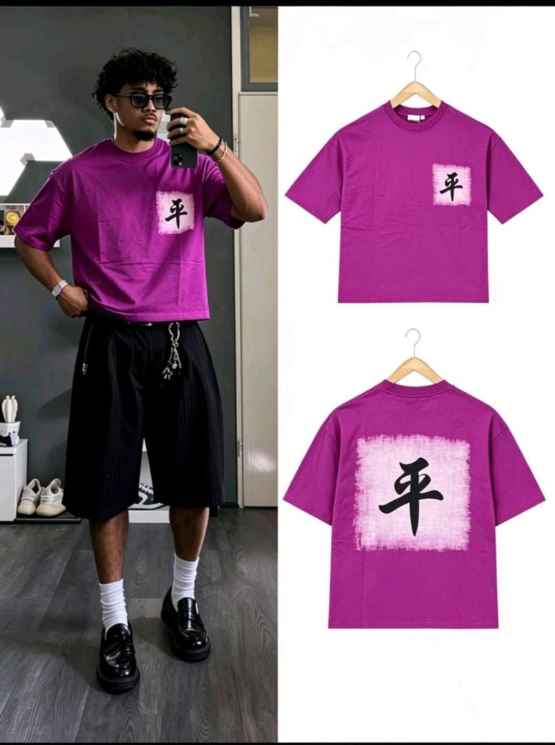 Model wearing purple kanji print t-shirt with front and back flat lays.